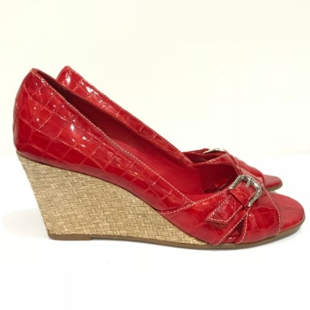 Brighton Red Leather Croc Embossed Wedges SZ 9